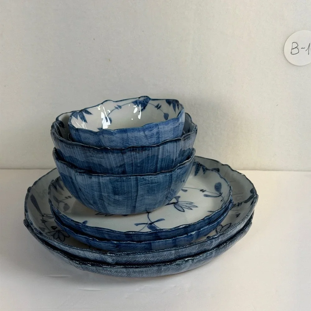 6pc Blue & White Floral Stoneware Dinnerware Set Scalloped Edge B-10